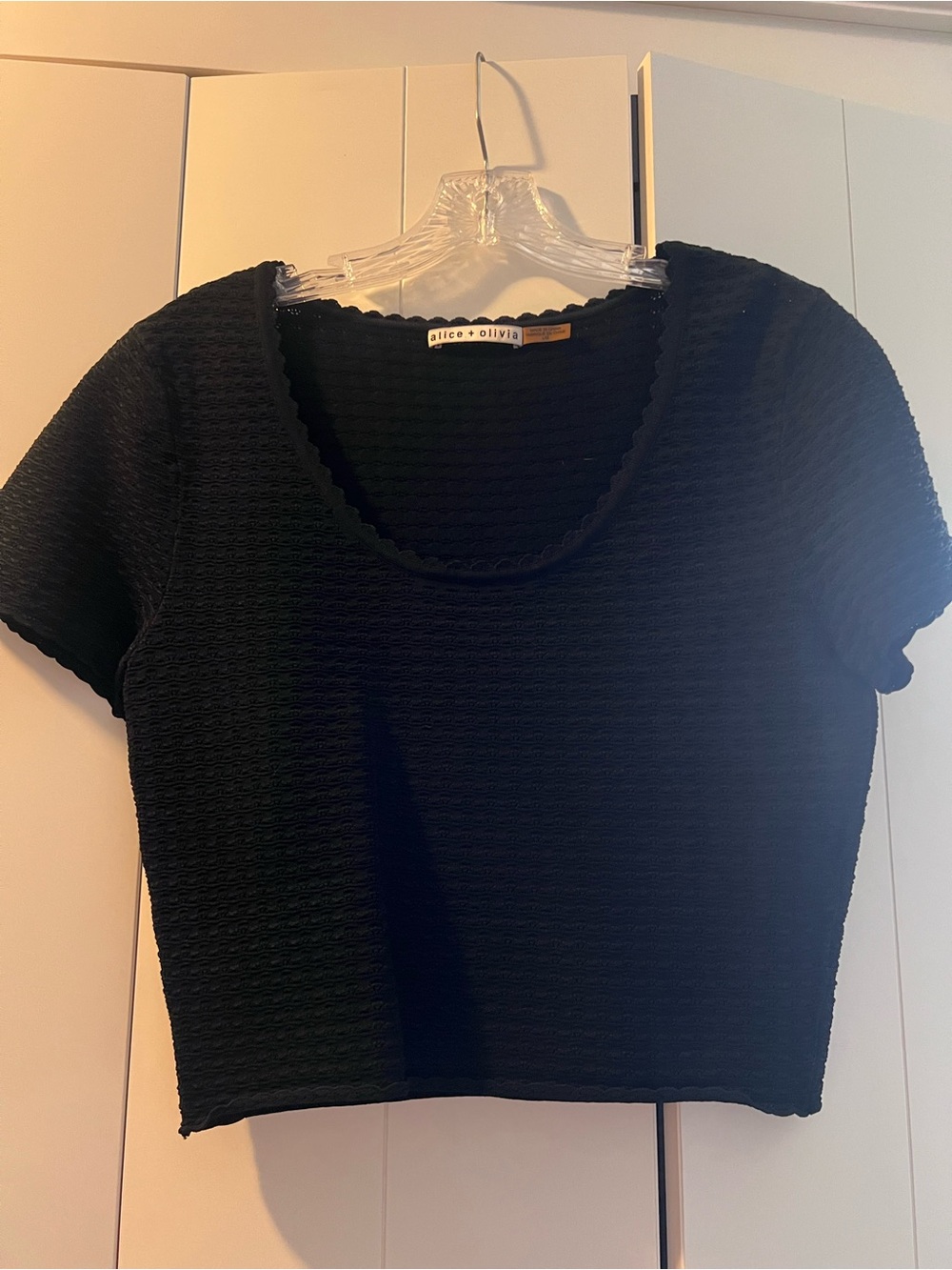 Alice + Olivia Black Textured Scoop Neck Cropped Top